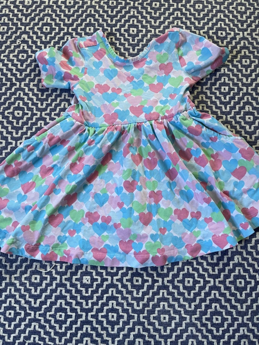 Ruffle Butts Girls' Heart Print Short Sleeve Dress in Pastel Pink & Blue